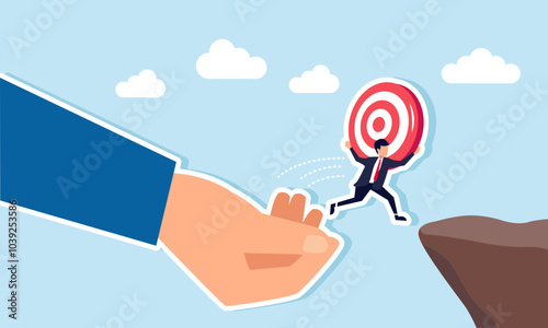 A hand helping a businessman carrying a target board jump over a gap, illustration of third-party assistance in achieving predetermined business targets