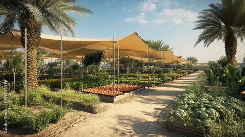 An oasis of agriculture in the desert, where advanced water-saving techniques and shade structures enable the growth of fruits and vegetables in extreme heat