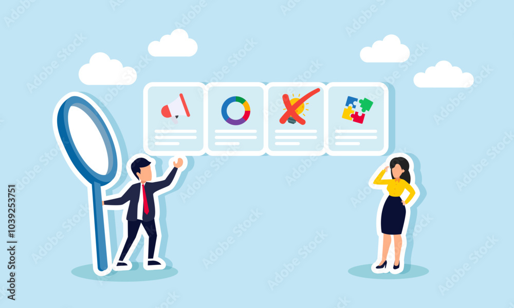 A businessman and a businesswoman standing next to item choices about marketing management, marked on the light section, illustration of disagreement with innovations A businessman and a businesswoman standing next to item choices about marketing management, marked on the light section, illustration of disagreement with innovations