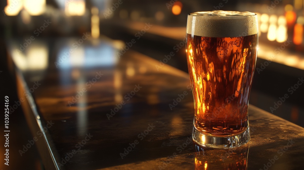 Glass of Amber Beer on Bar Counter Glass of Amber Beer on Bar Counter