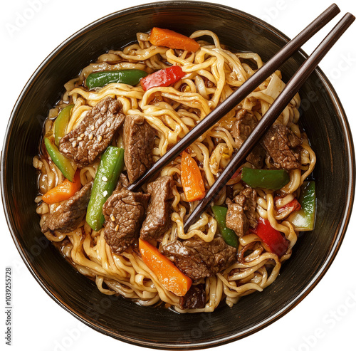 Beef noodle bowl with chopsticks photo