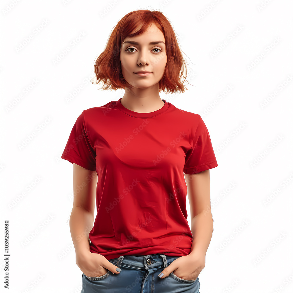 Young Caucasian woman with short red hair wearing a red t-shirt and denim jeans, standing confidently with her hands in pockets. Young Caucasian woman with short red hair wearing a red t-shirt and denim jeans, standing confidently with her hands in pockets.