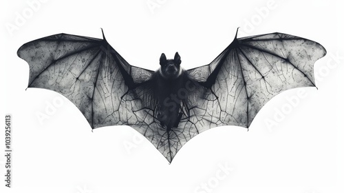 A bat with outstretched wings in black and white against a white background. AI generative. .