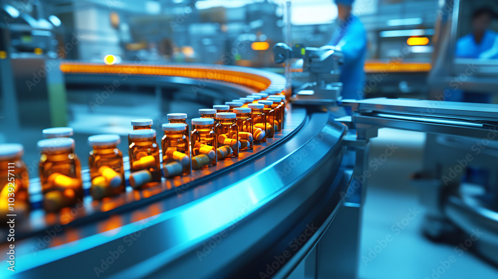 Conveyor Belt with Bottles of Pills in Pharmaceutical Factory