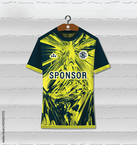 Sports jersey design with abstract pattern background in dark blue and yellow