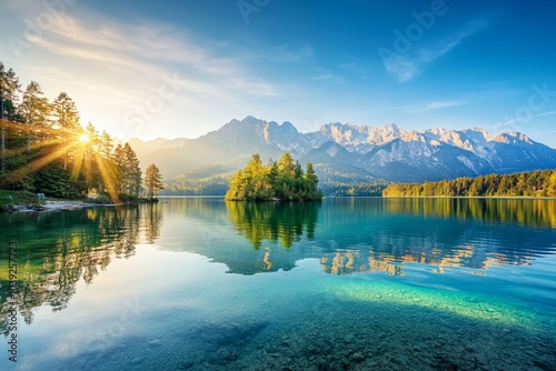 Stunning landscape of Eibsee lake in Germany during golden hour, showcasing clear blue water, majestic mountains, and a lush green island at its center.