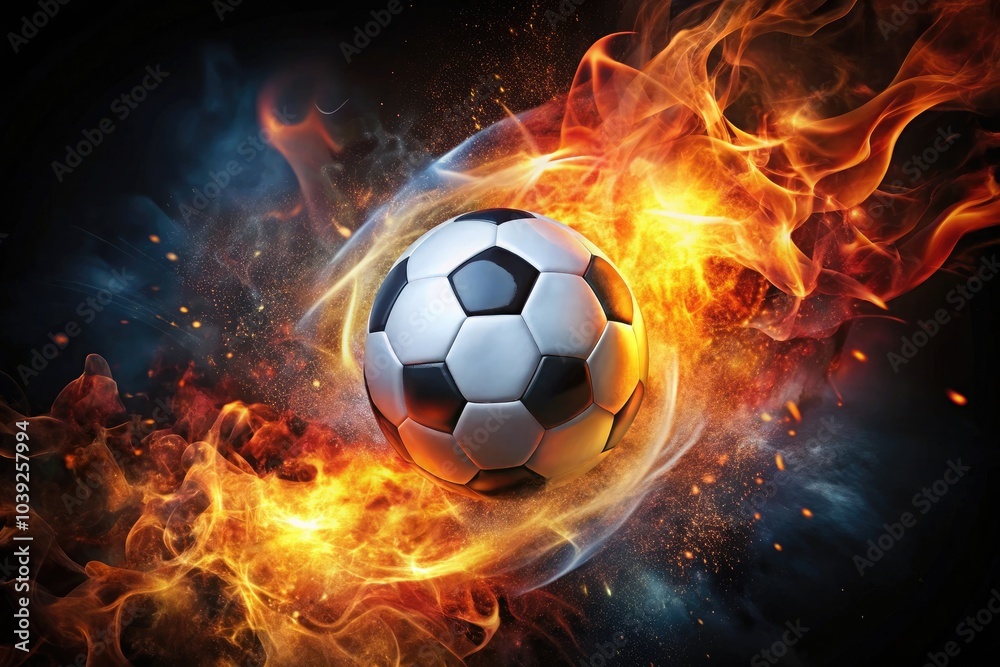 Naklejka premium A vibrant soccer ball engulfed in blazing flames embodies energy, passion, and enthusiasm for the sport in a captivating panoramic scene.