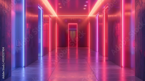 Empty hallway with neon lights on walls and ceiling. AI generative. .