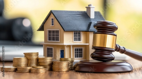 A model house, gavel, and coins symbolize real estate and legal transactions.