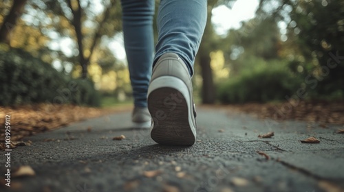 A person walking on a paved pathway in a park