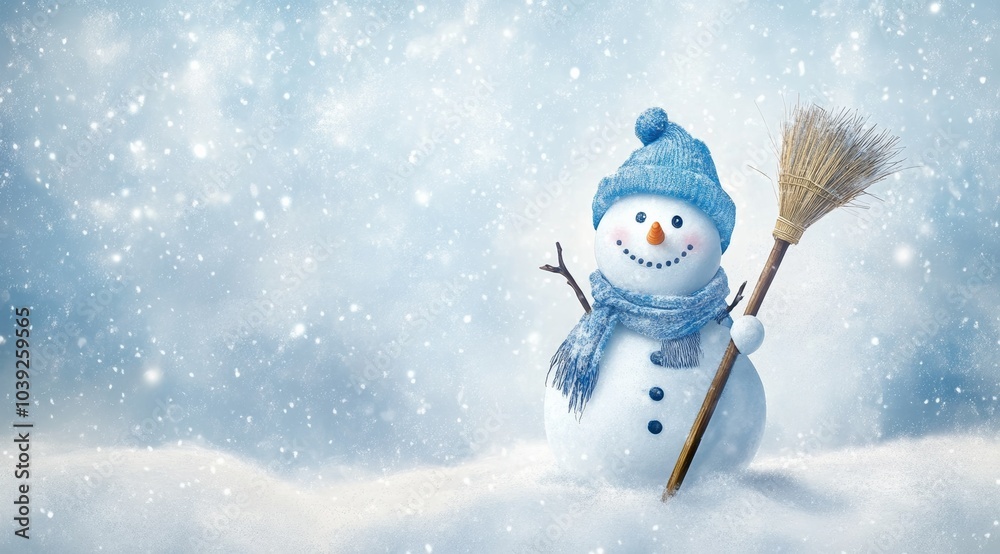 Cute smiling snowman with blue hat and scarf holding a broom in the snow, with falling snowflakes in a winter scene. Cute smiling snowman with blue hat and scarf holding a broom in the snow, with falling snowflakes in a winter scene.