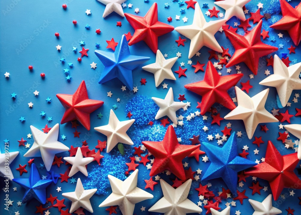 Bright blue backdrop adorned with festive red, white, and blue star decorations, creating a vibrant atmosphere perfect for celebrating joyous occasions and patriotic events. Bright blue backdrop adorned with festive red, white, and blue star decorations, creating a vibrant atmosphere perfect for celebrating joyous occasions and patriotic events.