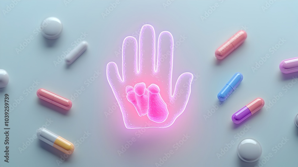 Glowing 3D Hologram of Inflamed Finger Joint with Gout in Empty Space Glowing 3D Hologram of Inflamed Finger Joint with Gout in Empty Space