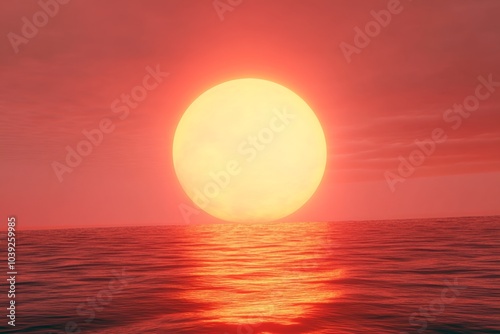 3D rendering of a red sunset over the ocean with a glowing orange sun symbolizing peace, hope, or love.