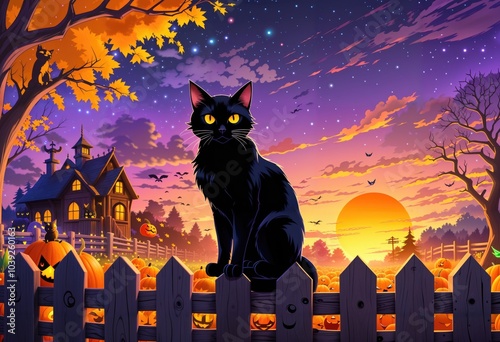 A black cat with glowing yellow eyes sits perched on a wooden fence with a jack-o'-lantern, twisted trees frame the Halloween scene, Generative AI