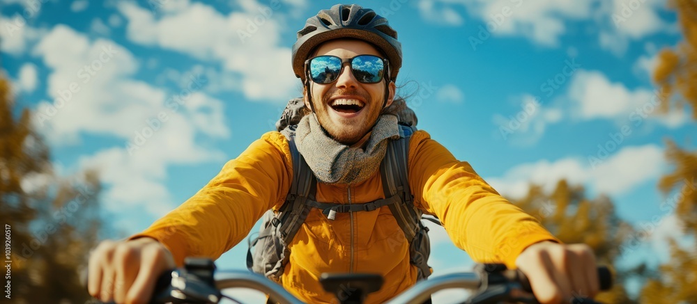 A young man on a bike smiling at the camera against a blue sky with white clouds. A young man on a bike smiling at the camera against a blue sky with white clouds.