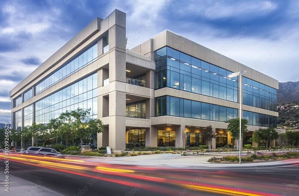 High-end commercial office building with large windows and concrete panels at highway corner in Glendora, California, modern architecture. High-end commercial office building with large windows and concrete panels at highway corner in Glendora, California, modern architecture.