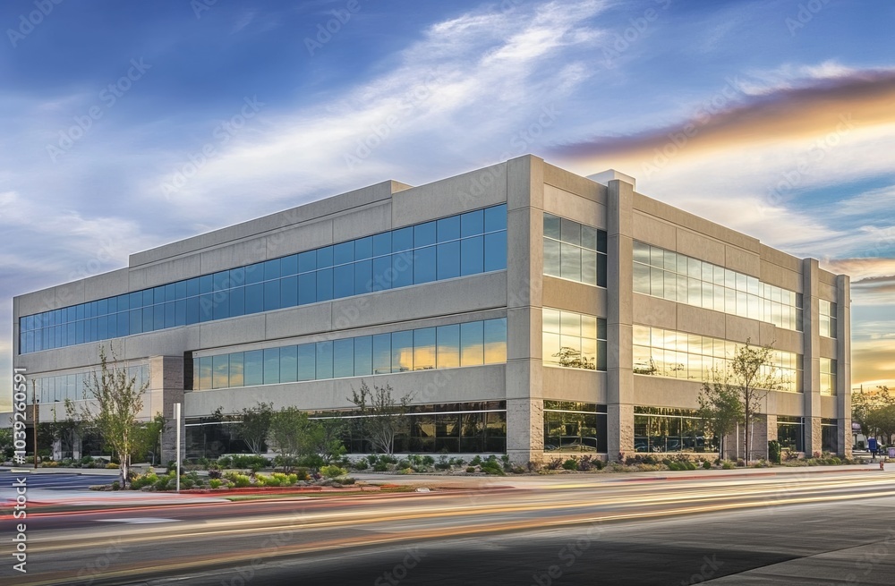 High-end commercial office building with large windows and concrete panels at highway corner in Glendora, California, modern architecture. High-end commercial office building with large windows and concrete panels at highway corner in Glendora, California, modern architecture.