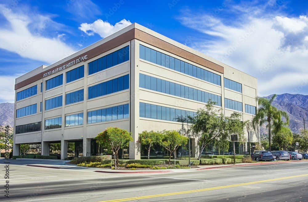 High-end commercial office building with large windows and concrete panels at highway corner in Glendora, California, modern architecture. High-end commercial office building with large windows and concrete panels at highway corner in Glendora, California, modern architecture.