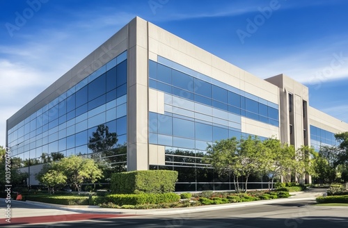 High-end commercial office building with large windows and concrete panels at highway corner in Glendora, California, modern architecture.