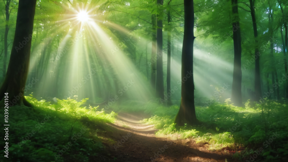 Fototapeta premium Beautiful rays of sunlight in a green forest 