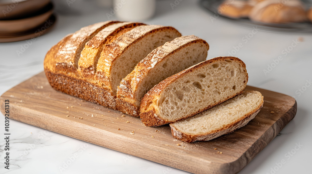 Healthy sliced loaf of bread on a chopping board. Suitable for marketing or business purposes. Panoramic banner with place for text Healthy sliced loaf of bread on a chopping board. Suitable for marketing or business purposes. Panoramic banner with place for text