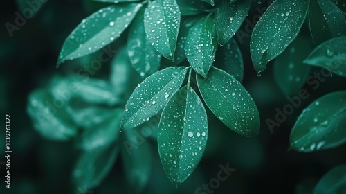 Close-up of green leaves with water droplets, showcasing nature's beauty and freshness.