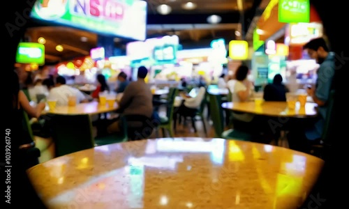  A mall food court with checkerboard floors and neon signage. Bright plastic trays and soda cups on tables, leaving space for a product shot on a table in the foreground. Loud atmosphere with glowing 