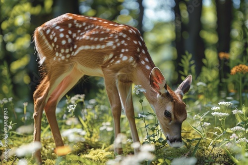 A young spotted fawn with large ears eats from a patch of white wildflowers in a lush green forest. AI generative. .