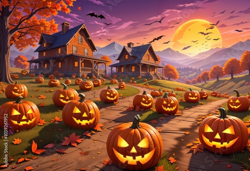 Halloween glowing jack-o'-lanterns background of rolling hills under an orange and purple sky. Scattered autumn leaves blow across the scene, while a distant farmhouse, Generative AI