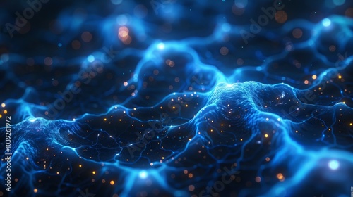 Abstract blue waves with glowing yellow and blue bokeh lights. AI generative. .