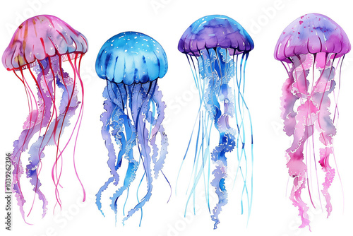  Colorful watercolor illustration of blue, violet, and pink jellyfish on white background