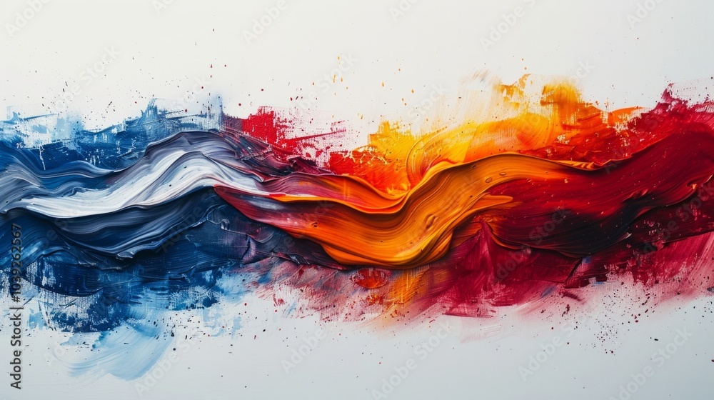 Abstract blue, red, and yellow paint strokes with white background. AI generative. . Abstract blue, red, and yellow paint strokes with white background. AI generative. .
