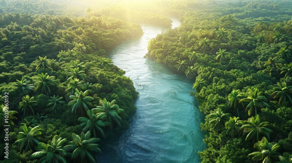 Aerial view of a rainforest river surrounded by lush greenery and wildlife, isolated on white background, great for expansive and natural themes, AI Generative Aerial view of a rainforest river surrounded by lush greenery and wildlife, isolated on white background, great for expansive and natural themes, AI Generative