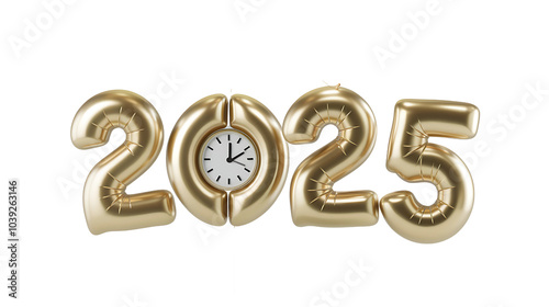 Golden shiny 2025 with clock is in the shape of balloon isolated white background