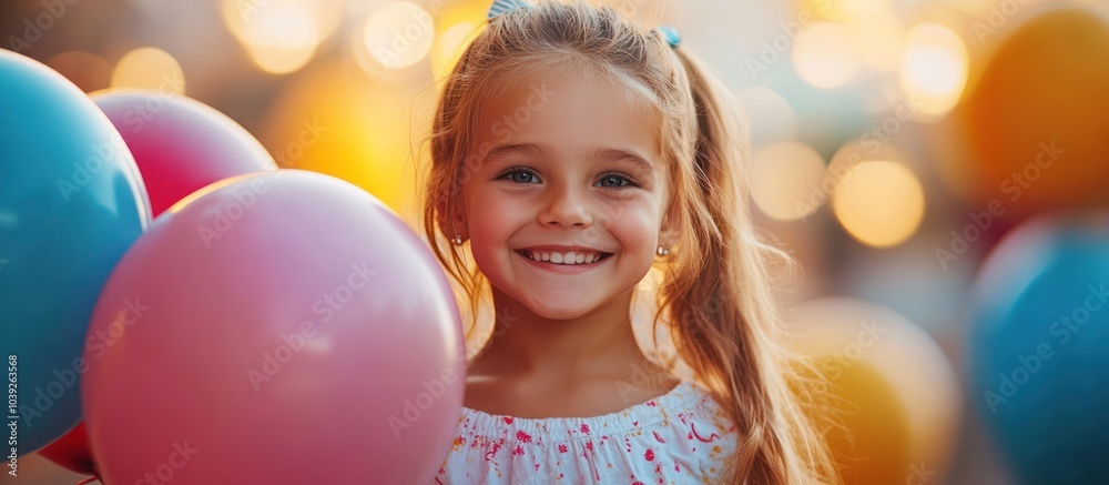 A young girl with a big smile holds a pink balloon with other colorful balloons in the background. A young girl with a big smile holds a pink balloon with other colorful balloons in the background.