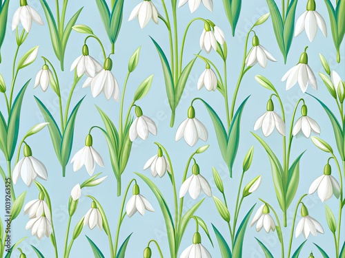 Delicate Snowdrop Floral Pattern - Seamless Light Blue Background for Spring Fabric and Wallpaper Designs