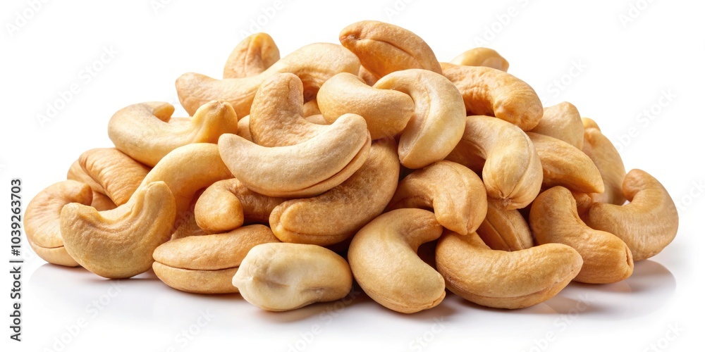 Fototapeta premium Delicious Cashew Nuts Isolated on White Background - Healthy Snack, Nut Nutrition, Vegan Ingredients, Raw Cashews, Gourmet Food, Plant-Based Diet, Snack Ideas, Culinary Delights, Natural Goodness
