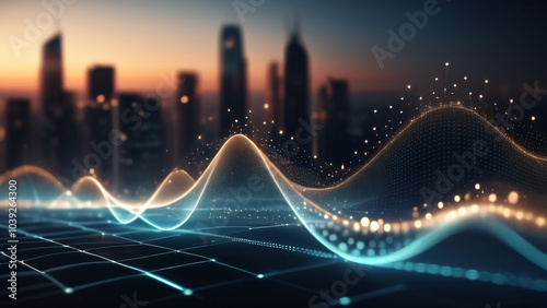 Smart city and abstract dot point connect with gradient line and aesthetic Intricate wave line design , big data connection technology concept .