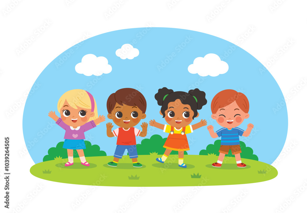 Group of Happy boys and girls standing and jumping. Collection back to School of kindergarten. Children with different jumping poses. Children's activities. Group of Happy boys and girls standing and jumping. Collection back to School of kindergarten. Children with different jumping poses. Children's activities.