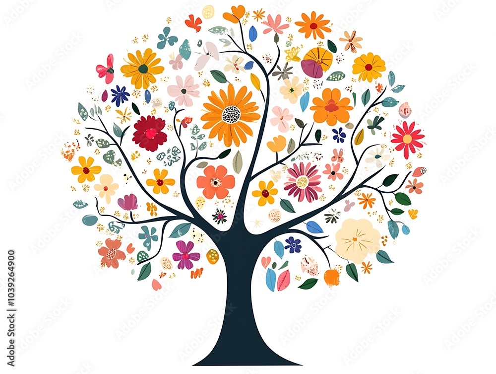 Illustration of a tree with leaves representing different religions, symbolizing growth and diversity isolated