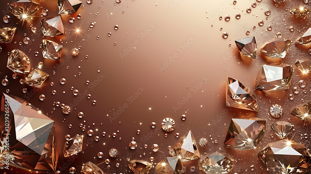 Fototapeta premium Sparkling diamonds scattered on a warm, golden background with water droplets. A luxurious and elegant image.