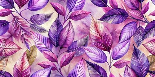 Elegant Purple Botanical Watercolor Leaves Pattern for Home Decor, Fashion, and Stationery Backgrounds - Perfect for Interior Design and Social Media Posts