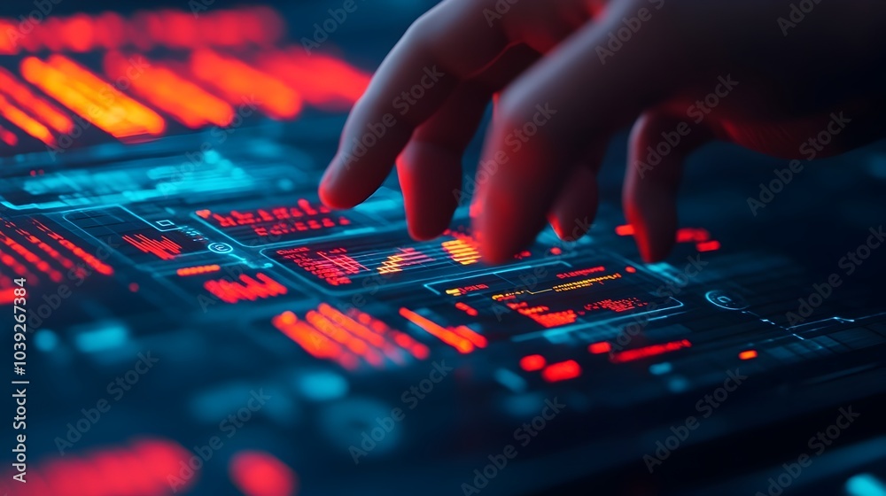 A person operating a digital holographic interface surrounded by glowing AI powered data and graphs set in a dark neon lit futuristic sci fi room 3D render of a conceptual high tech A person operating a digital holographic interface surrounded by glowing AI powered data and graphs set in a dark neon lit futuristic sci fi room 3D render of a conceptual high tech
