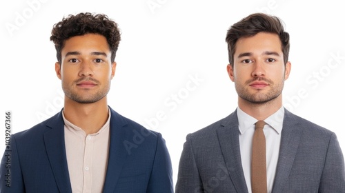 Contrasting side by side headshot portraits isolated on a bright white background showcasing the differences and similarities between the two subjects facial features expressions hairstyles