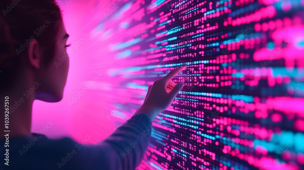 A figure interacting with floating holographic panels and glowing data visualizations in a sleek neon lit room showcasing a futuristic cyberpunk inspired design concept with a minimalistic A figure interacting with floating holographic panels and glowing data visualizations in a sleek neon lit room showcasing a futuristic cyberpunk inspired design concept with a minimalistic