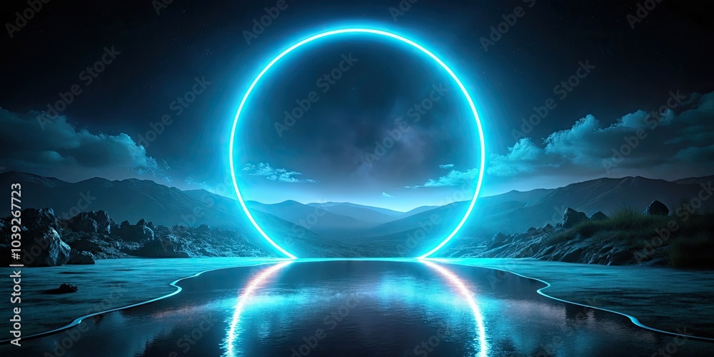 Obraz premium Glowing Neon Blue Circle Animation on Black Background, Hypnotic Light Effects, Modern Aesthetic, Futuristic Design, Dynamic Motion, Visual Art, Abstract Background, Digital Art