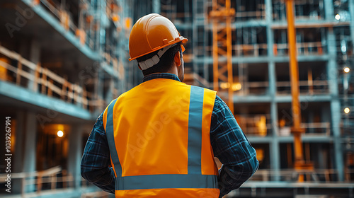 A construction worker wearing a yellow vest and hardhat stands in front of a building under construction.