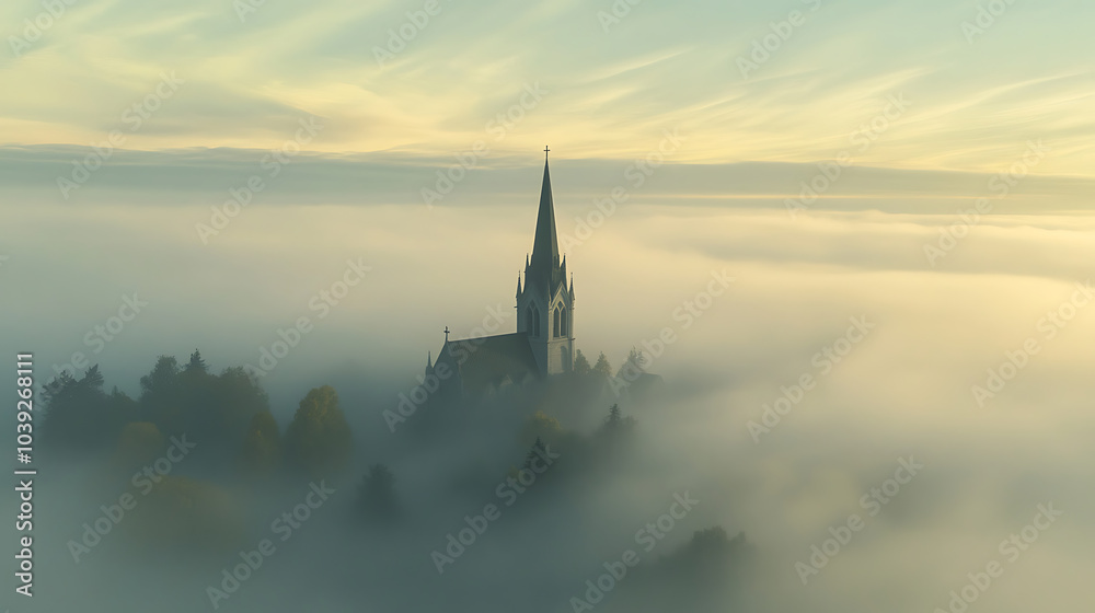 Fototapeta premium village church steeple rises above fog, creating serene and mystical atmosphere. surrounding landscape is enveloped in soft mist, enhancing tranquil scene