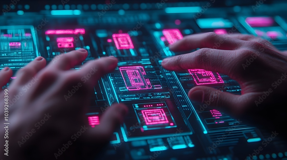 Close up view of human hands interacting with glowing holographic data panels and interfaces surrounded by a deep neon blue and pink toned aesthetic Close up view of human hands interacting with glowing holographic data panels and interfaces surrounded by a deep neon blue and pink toned aesthetic
